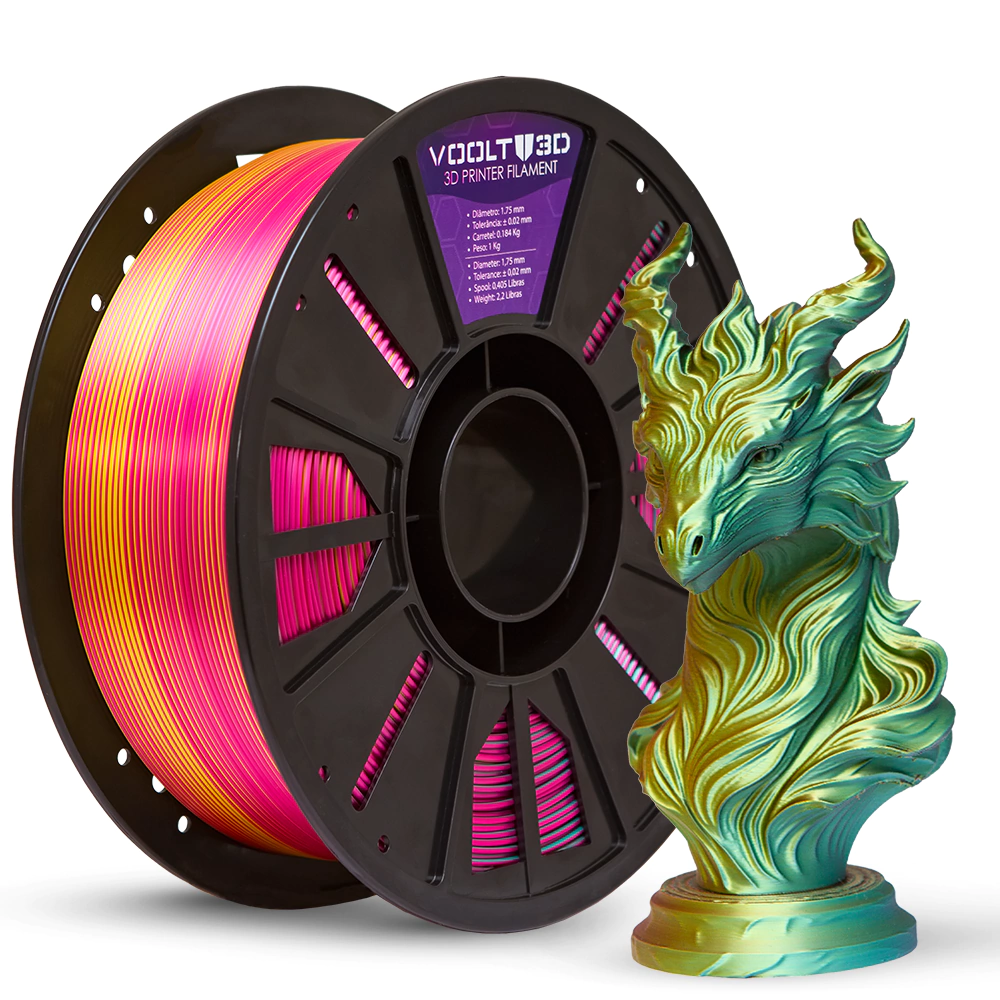 Filamento PLA Tri Color Dourado / Rosa Choque / Verde V-Silk High Speed Premium - 1Kg